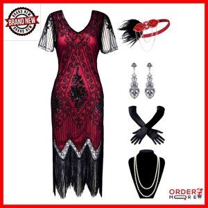 Art Deco Sequin Fringe Flapper Dress Midi Bodycon Gatsby Costume